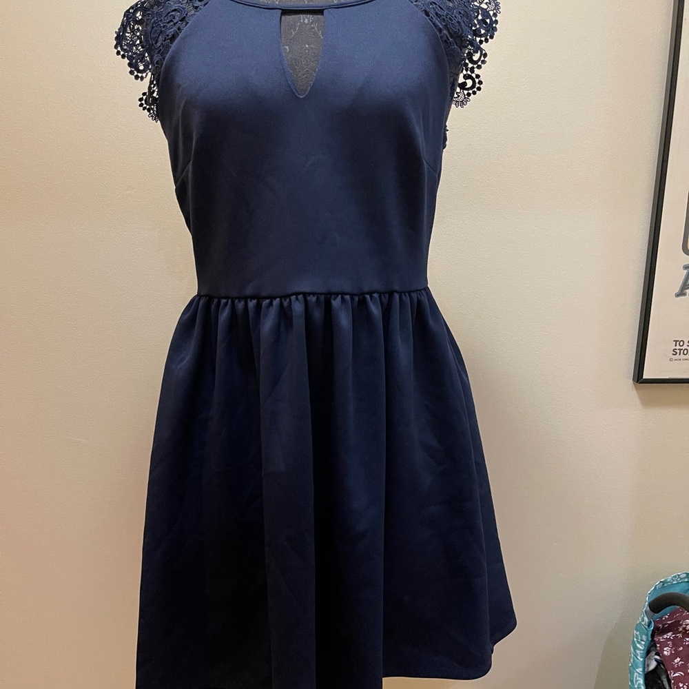 Juniors Blue Semi Formal Dress Quarter Sleeve